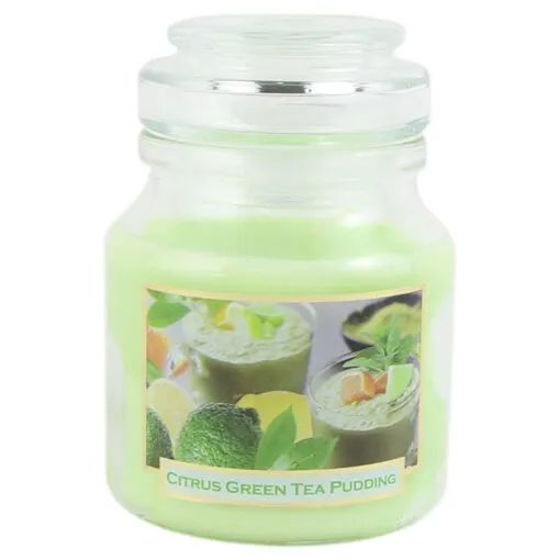 Lumanare in sticla green tea pudding