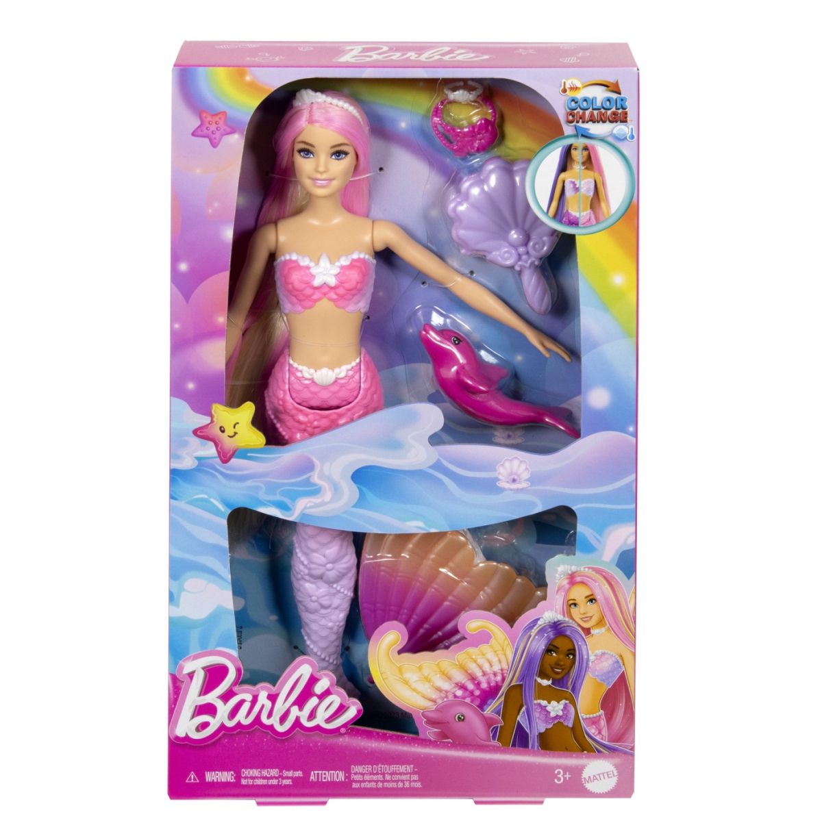 Barbie color change papusa sirena cu par roz mthrp97