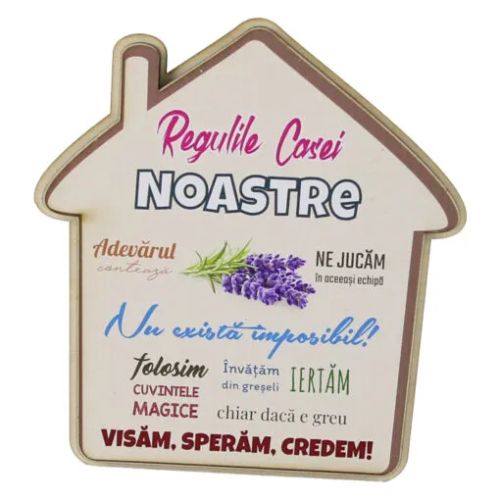 Magnet frigider din lemn regulile casei noastre 10.5x11cm