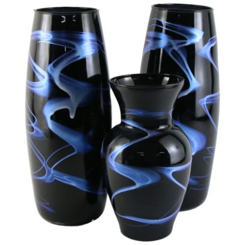 Set 3 vaze din sticla, verona, gold glass, negru cu albastru