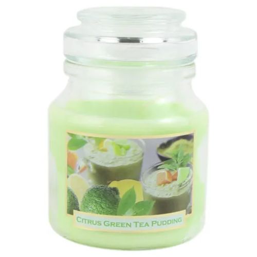Lumanare in sticla green tea pudding