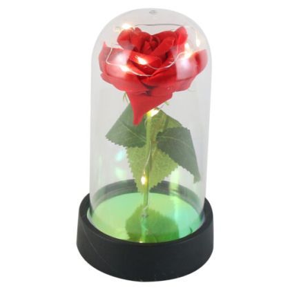 Trandafir rosu in cupola de sticla cu lumini led 8x15 cm